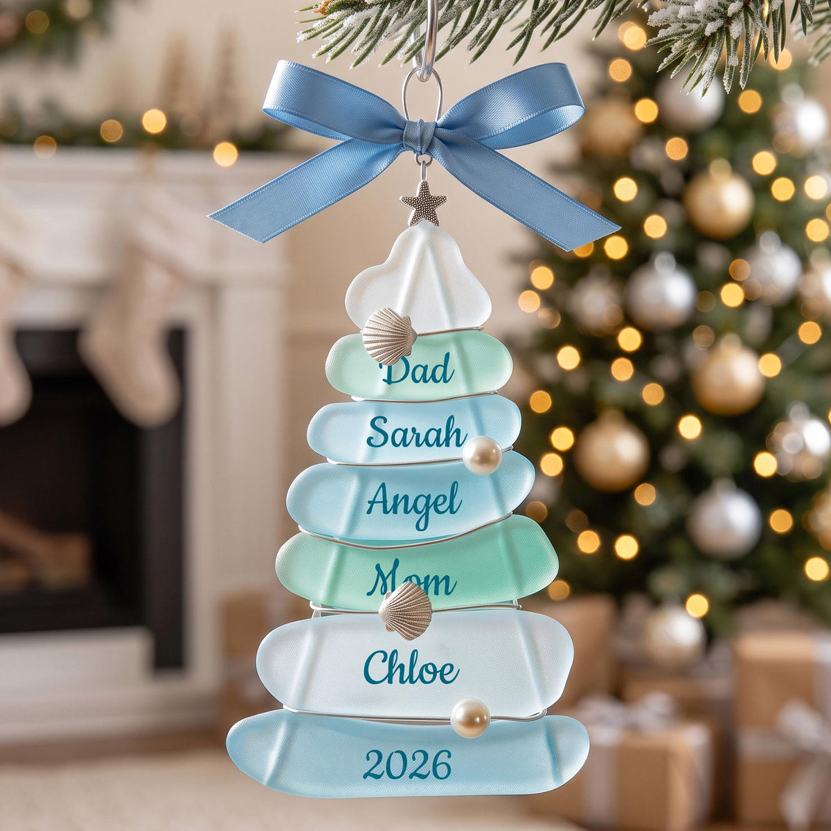 Personalized Coastal Sea Glass Christmas Tree Ornament
