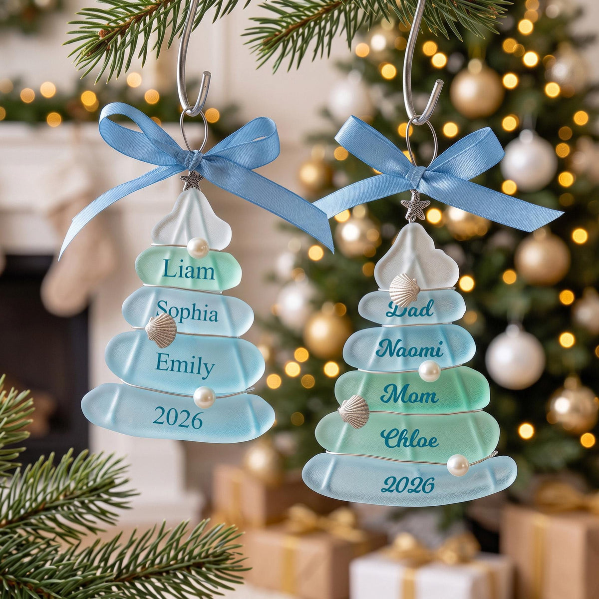 Custom Sea Glass Pebble Family Christmas Ornament