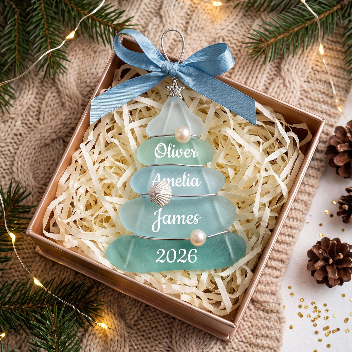 Personalized Sea Glass Coastal Family Tree Ornament