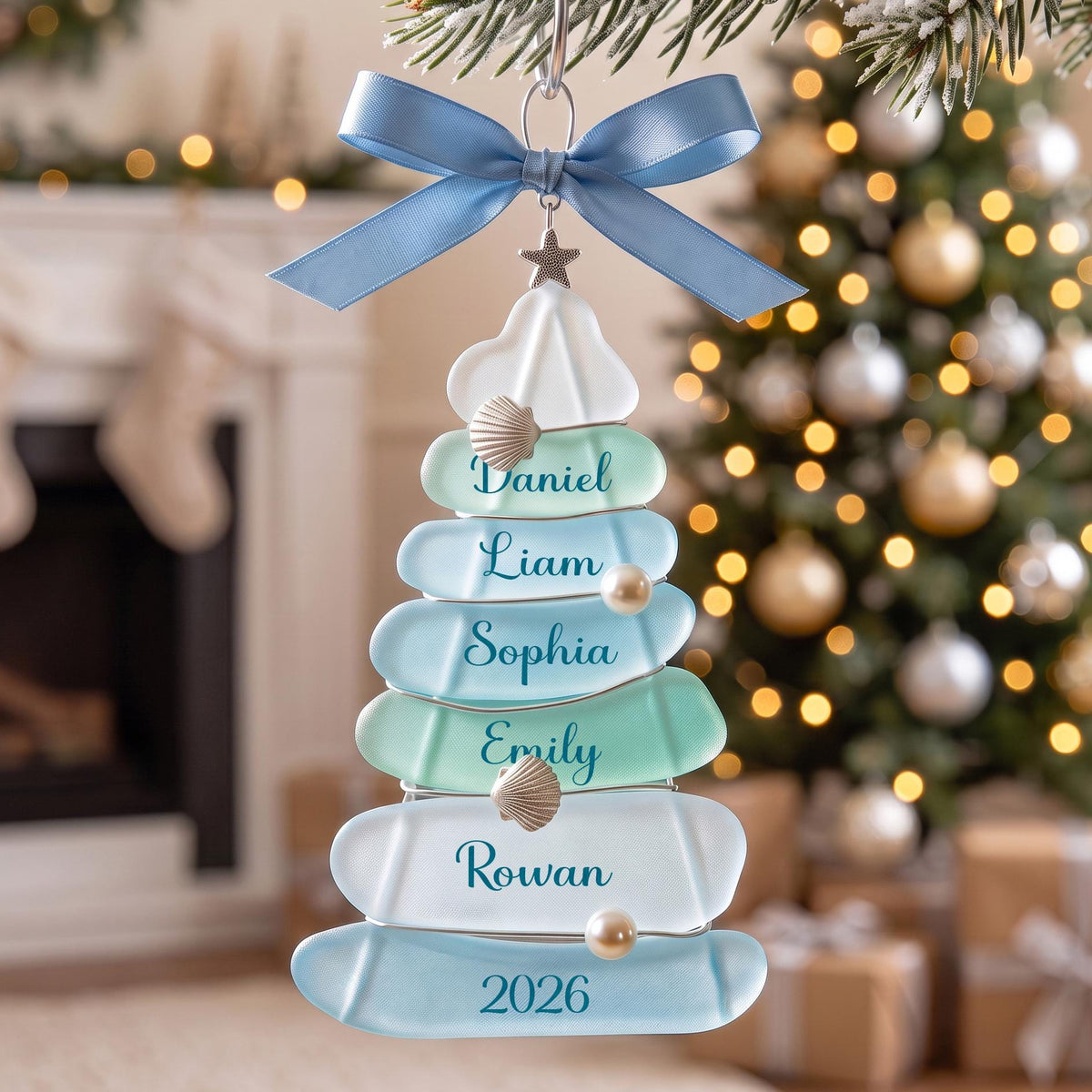 Custom Sea Glass Pebble Family Christmas Ornament